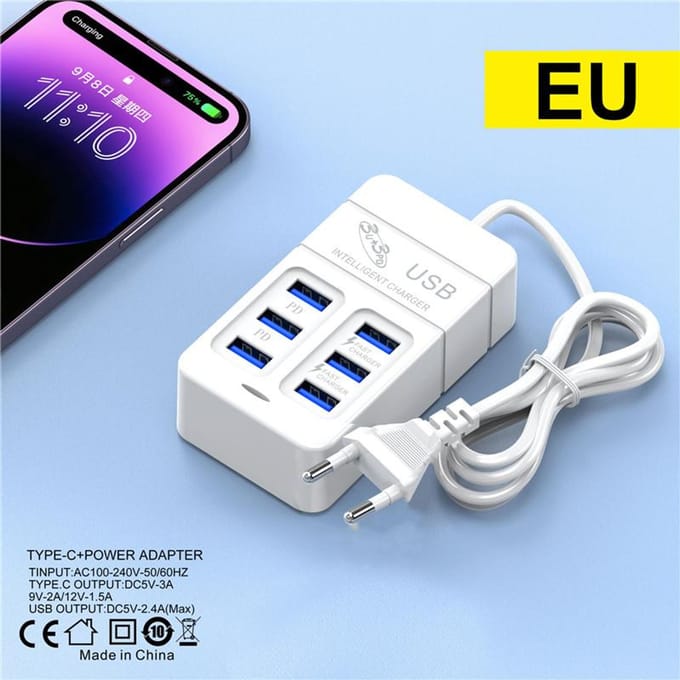 6-poorts USB-snellaadstation 35W PD Type C snellaadwandladers USB-hubadapter EU-VS-stekker gray