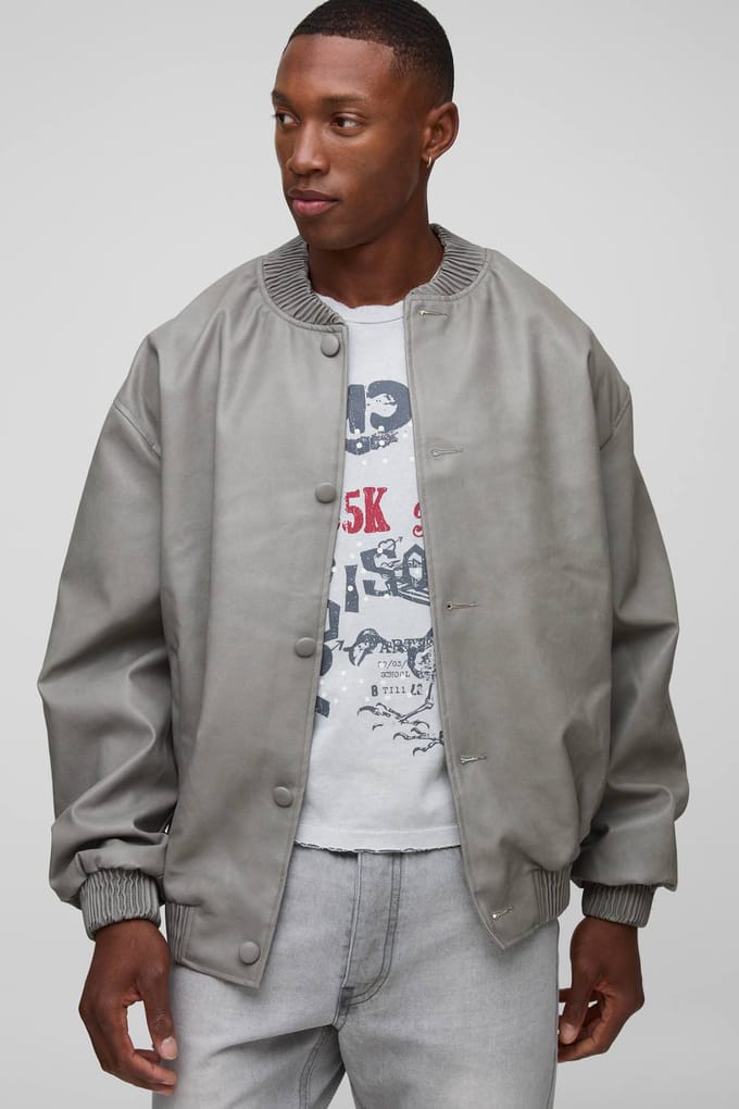 Oversized Fit Soft PU Bomber Jacket | Grey | Size XS