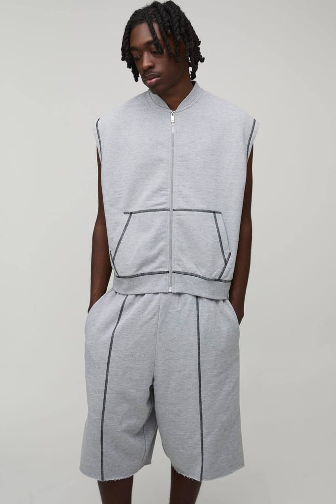 Oversized Boxy Loopback Mouwloos Ritssluiting Jersey Gilet En Jort Trainingspak | Grey Marl | Size Medium