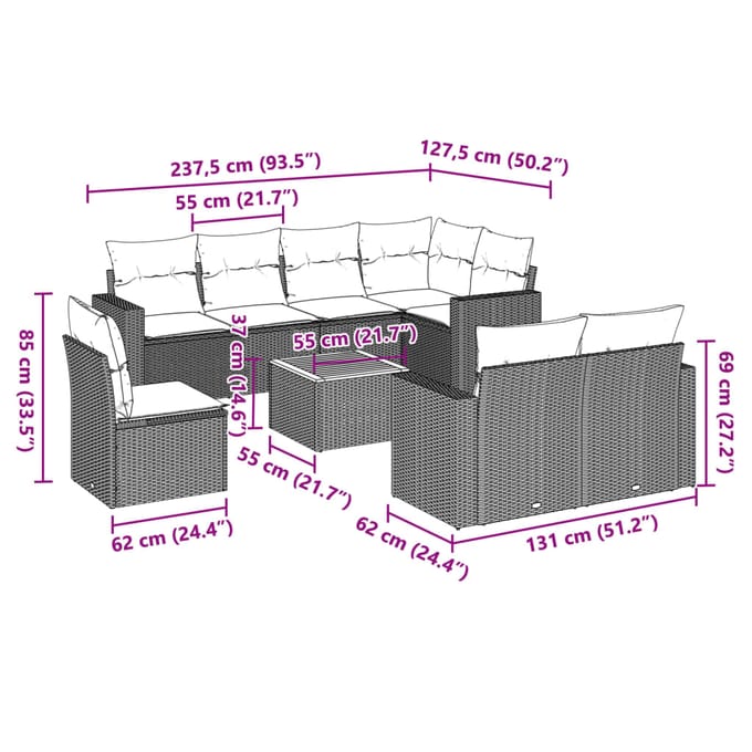 vidaXL - 9-delige - Loungeset - met - kussens - poly - rattan - zwart