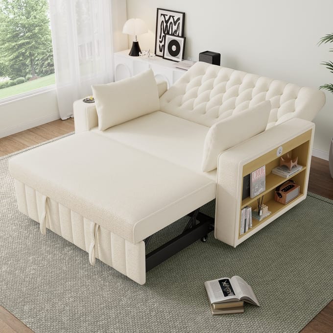 MODFU Slaapbank - Verstelbare Rugleuning En USB-Aansluiting - Modern - Chenille - Beige - 140 x 137 x 84 cm