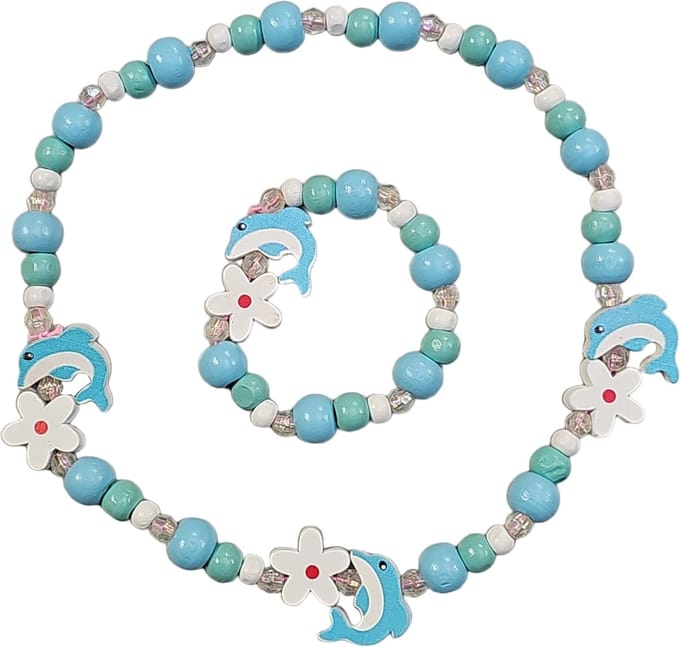 Fako Bijoux® - Kinderketting en Armband - Hout - Dolfijntjes & Bloemetjes