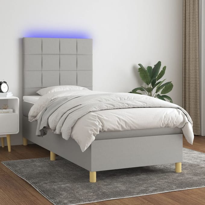 vidaXL - Boxspring - met - matras - en - LED - stof - lichtgrijs - 100x200 - cm