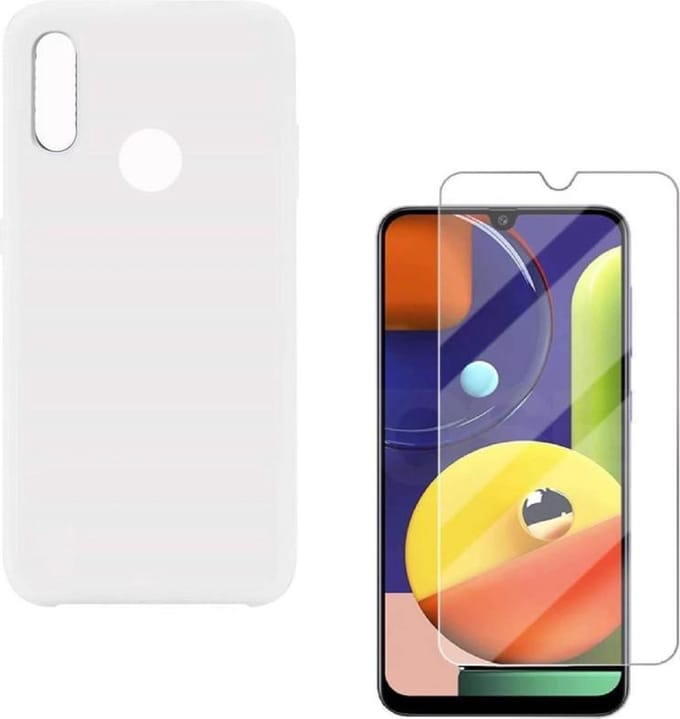 Solid hoesje Geschikt voor: Samsung Galaxy A10S Soft Touch Liquid Silicone Flexible TPU Rubber - Wit  + 1X Screenprotector Tempered Glass