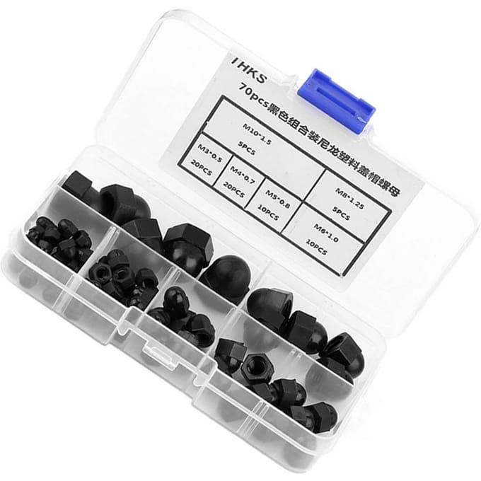 70 stuks M3 M4 M5 M6 M8 M10 Nylon Zeskant Moer Kit Koepelkop Dop Zeskant Moeren