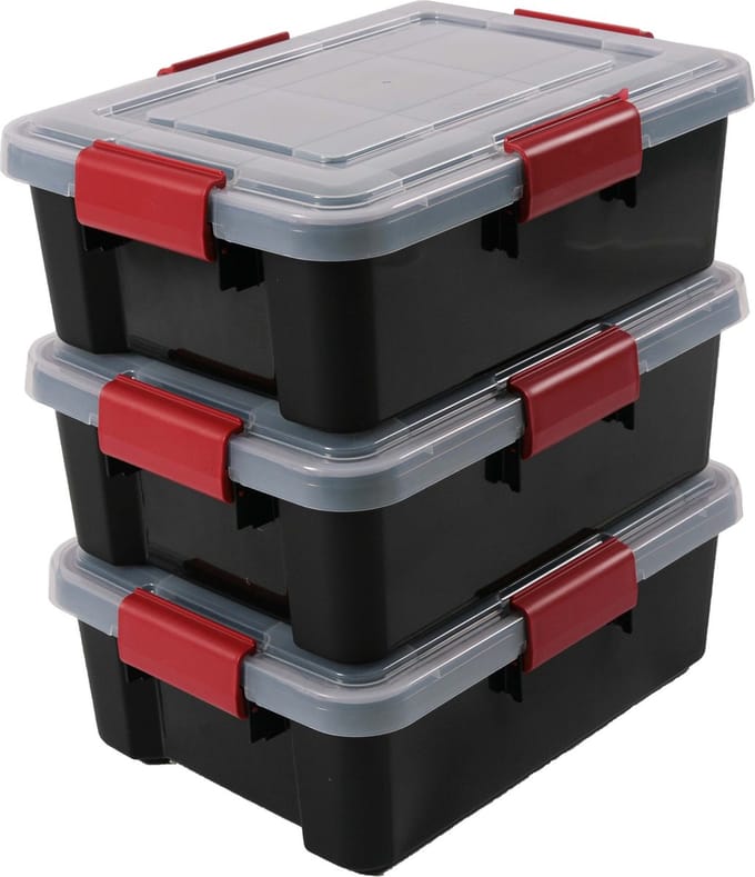 IRIS Airtight Opbergbox - 10L - Luchtdicht - Stapelbaar - Kunststof - Zwart/Transparant/Rood- Set van 3