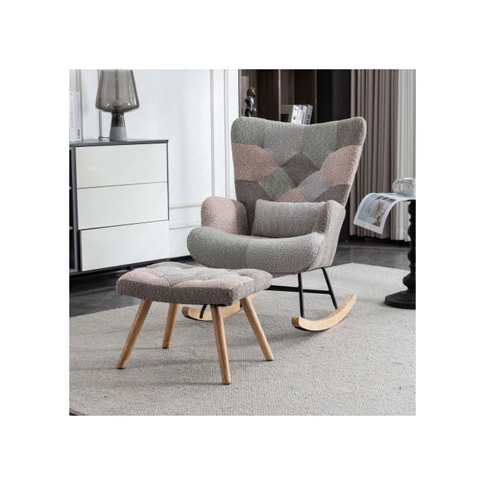 Fauteuil à bascule - MUVOE - Confortable - Bois d'hévéa - Coussin lombaire - Design coloré gris