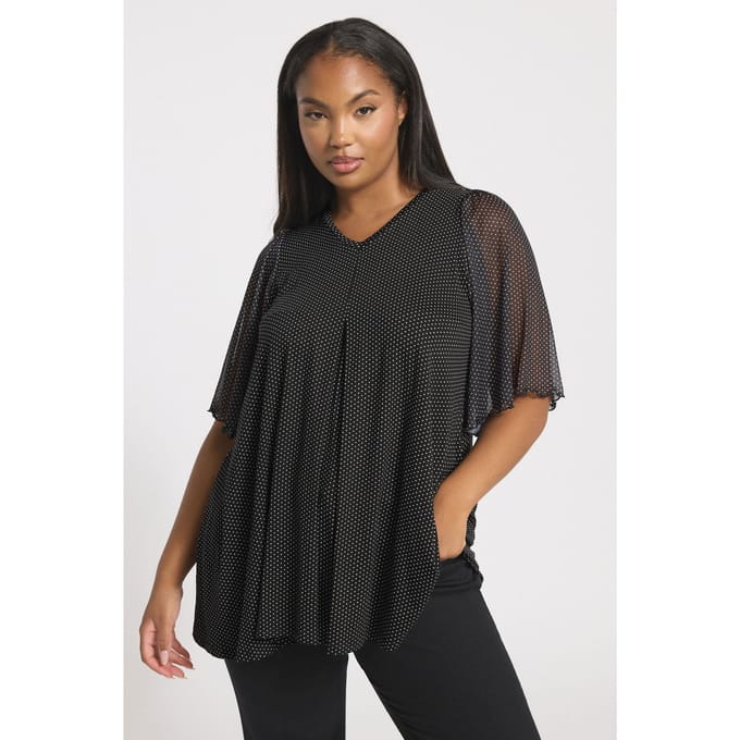 Yours Zwarte Top Met Mesh Mouwen En Polka Dots Size 44