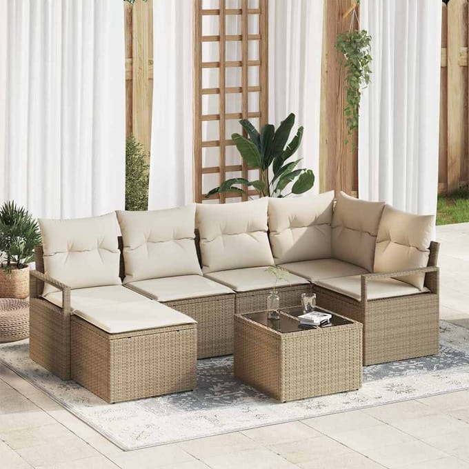vidaXL Bankstel met kussen met opslag 7 pcs Beige en Crème poly rattan