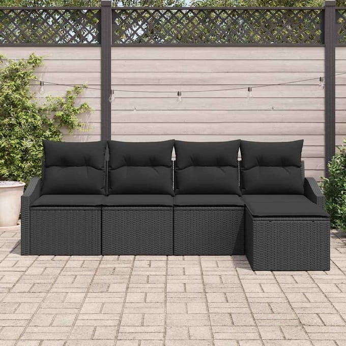 vidaXL Bankstel met kussen met opslag 5 pcs Zwart poly rattan