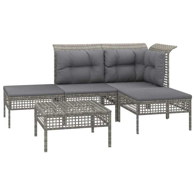 vidaXL - 5-delige - Loungeset - met - kussens - poly - rattan - grijs