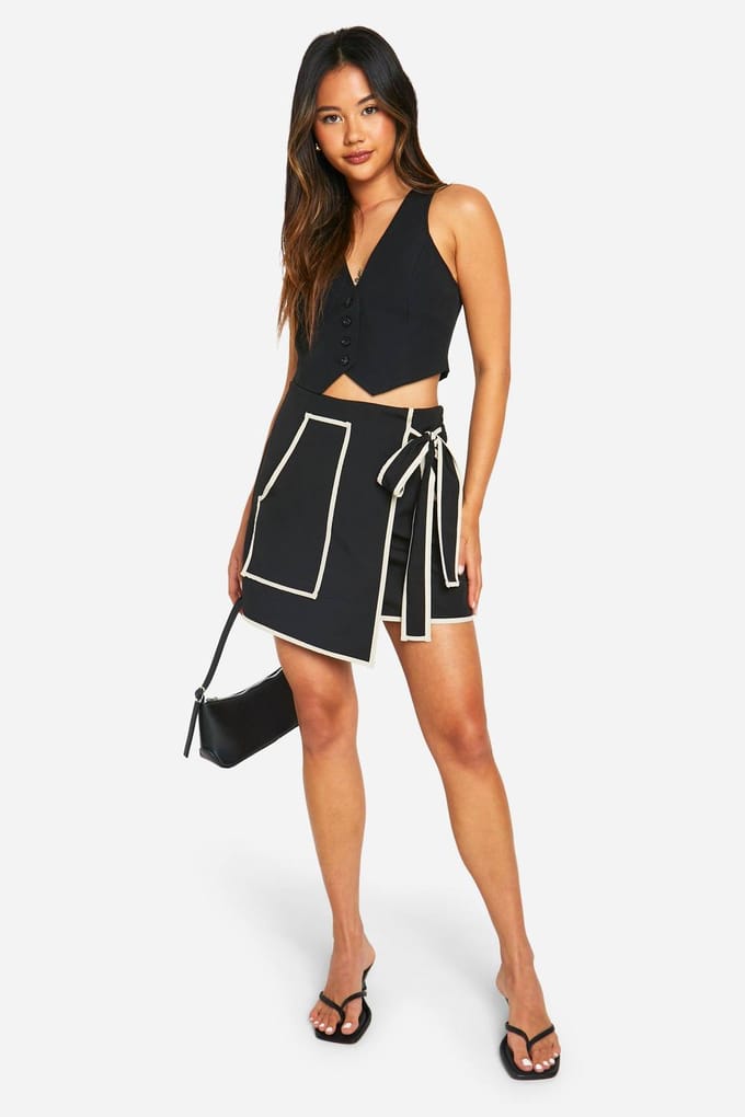 boohoo Dames Contrast Trim Wrap Mini Skirt | Zwart | Maat: 34