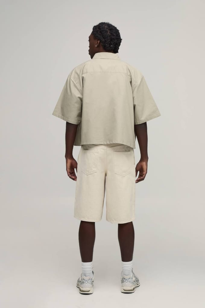 Oversized Crop Half Sleeve Oxford Shirt | Beige | Size Medium