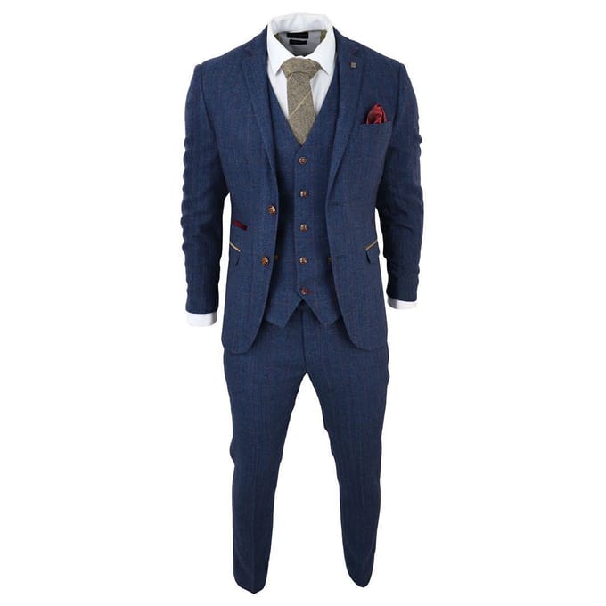 Heren Blauwe Tweed Ruit 3-Piece Pak
