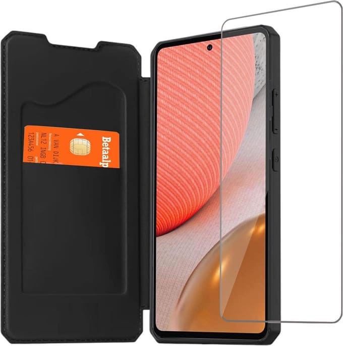 Hoesje geschikt voor Samsung Galaxy S21 FE - Screenprotector Glas - Bookcase Zwart