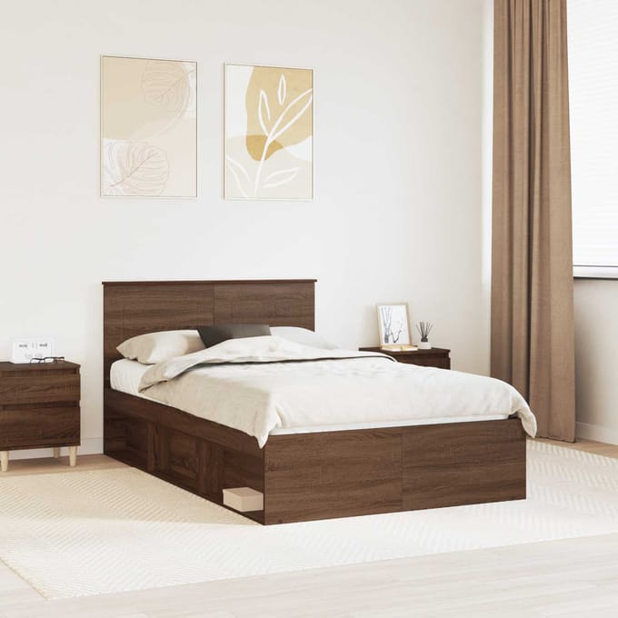 vidaXL - Bedframe - met - hoofdeinde - Bruin - Eiken - 120 - x - 190 - cm - Bewerkt - hout