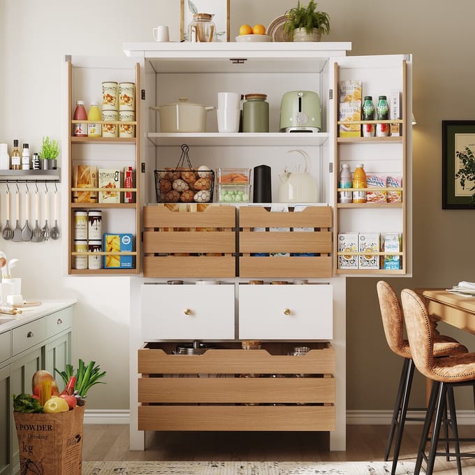 Sweiko Keukenkast - Dubbele deuren - 5 laden - Dressoir - Snackkast - Wit + Natuurlijke