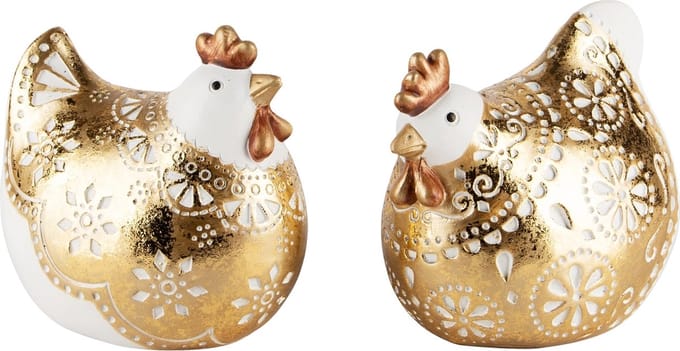 Dekoratief | Kippetje broedend, goud/wit, resina, 11x8x10cm, set van 2 stuks | A240741