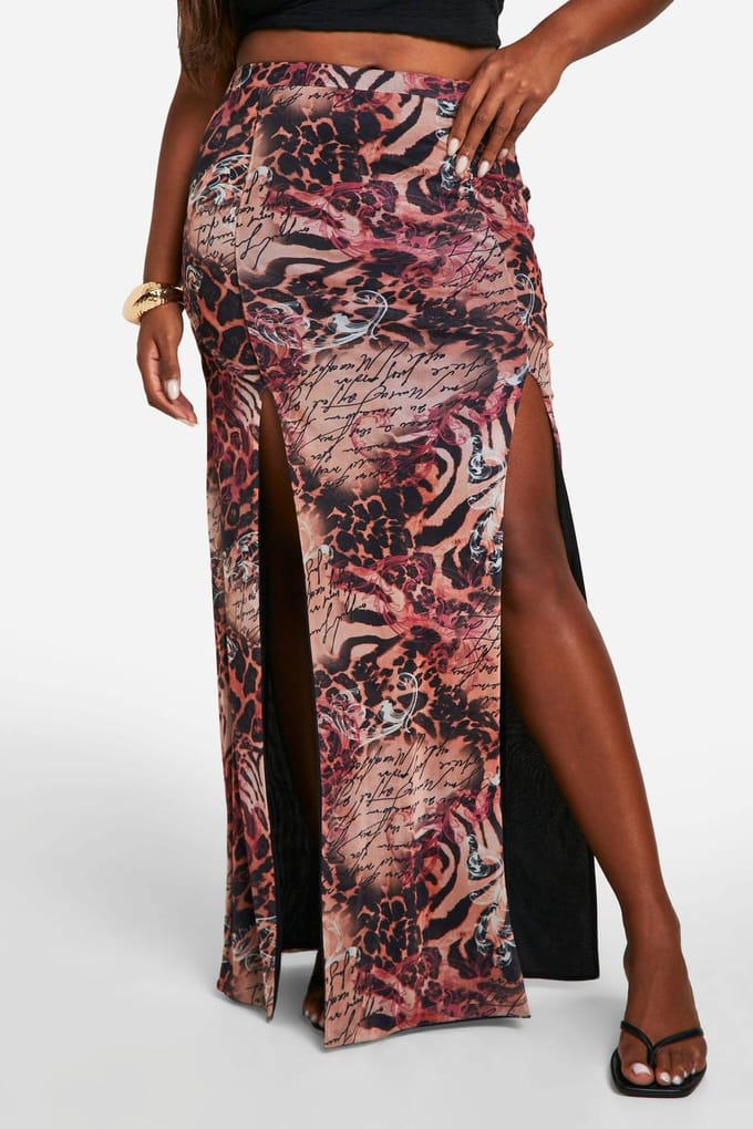 boohoo Dames Plus Mesh Mixed Luipaardprint Maxi Rok met Split Details | Maat: 56