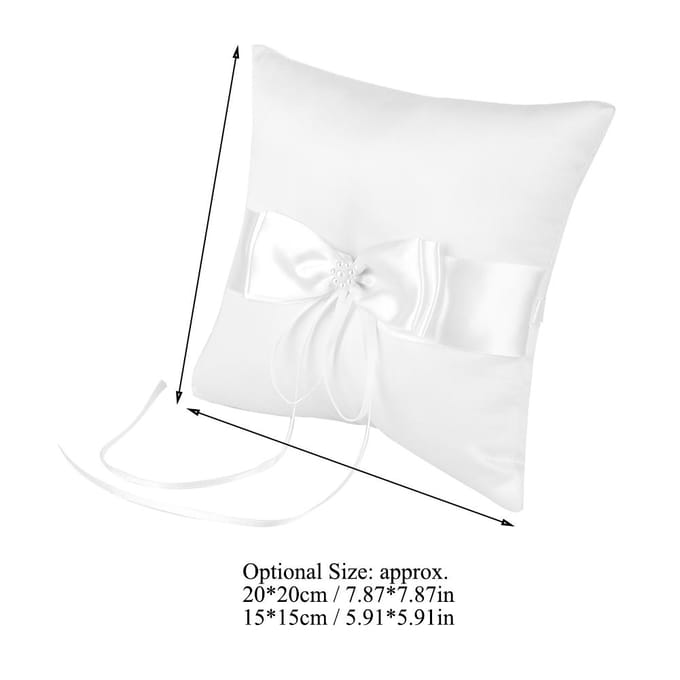 Coussin porte-alliances en satin blanc avec nœud papillon et perles artificielles, 15 x 15 cm white