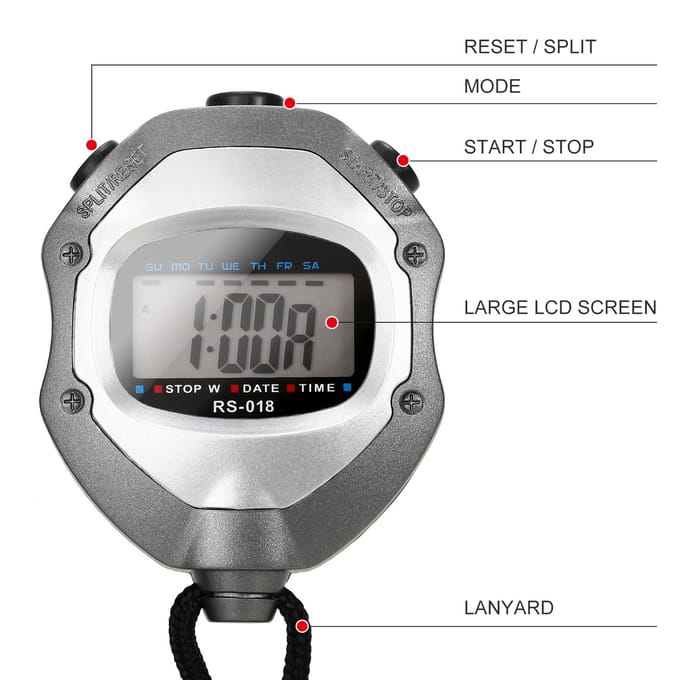 Waterdichte stopwatch Digitale handheld LCD Timer Chronograaf Sportteller met riem om te zwemmen grijs