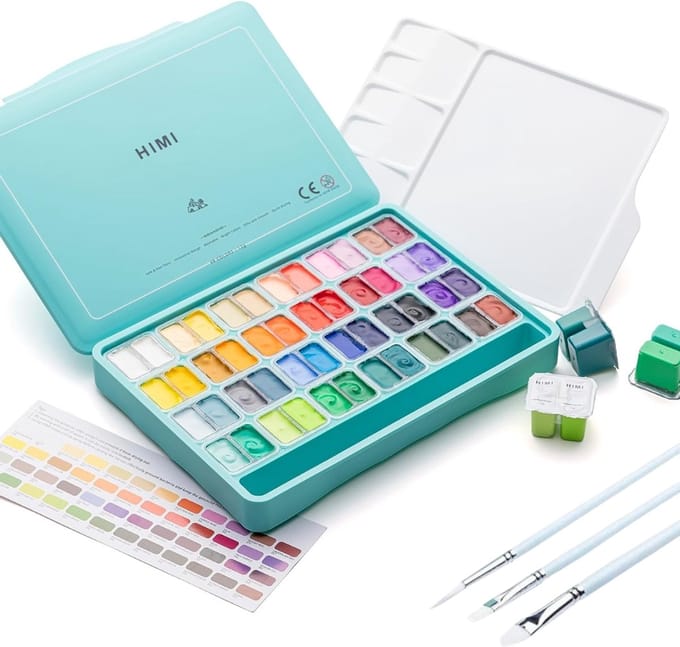 HIMI - Gouache - Twin split cups - set van 48 kleuren - 12g - 3 penselen - Turquoise