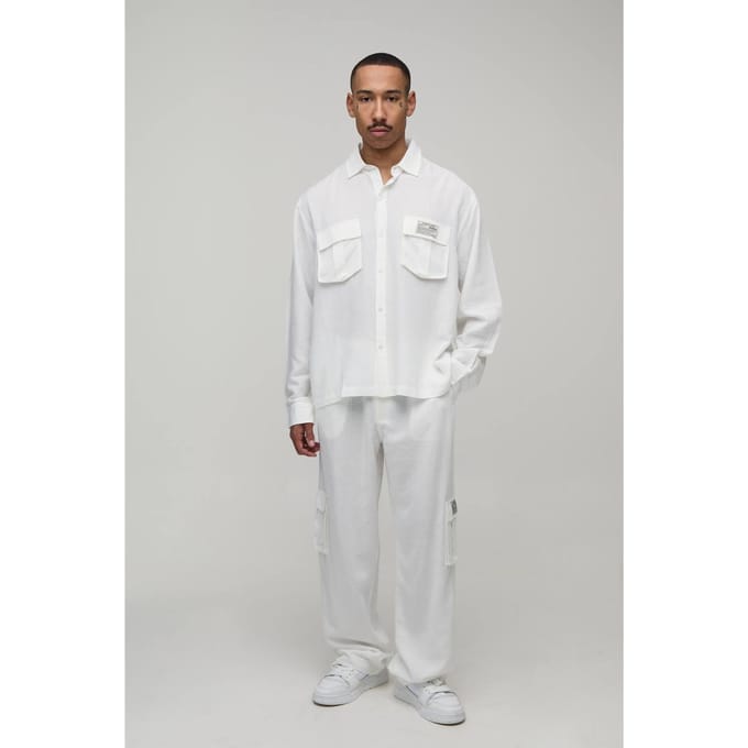 Linnen Regular Cargo Overhemd & Relaxed Broek Set | White | Size Medium