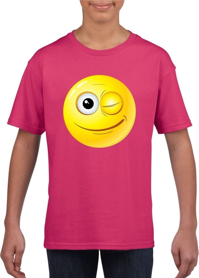 emoticon/ emoticon t-shirt knipoog roze kinderen 146/152