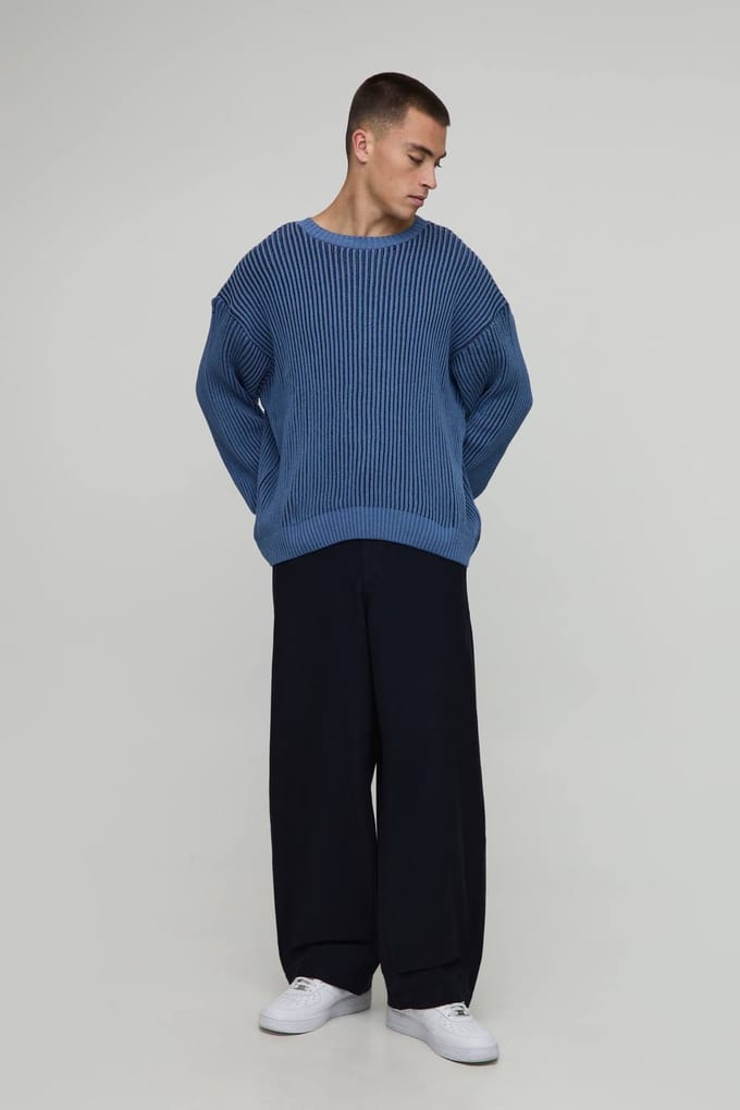Heren Relaxte Boxy Geribbelde Gebreide Trui | Navy | Size Medium