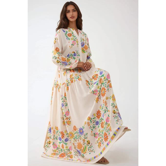 Geprinte V-hals Maxi-jurk met Knopdetail