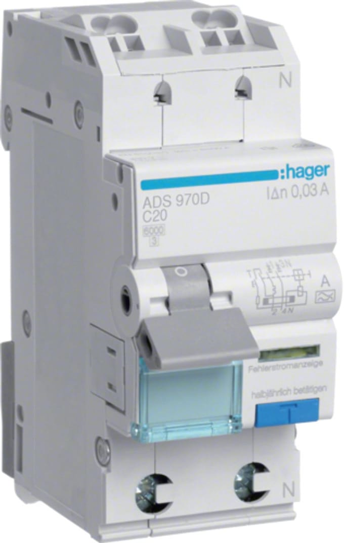 Hager Aardlekautomaat 1P+N 6kA C-20A 30mA type A QuickConnect - ADS970D