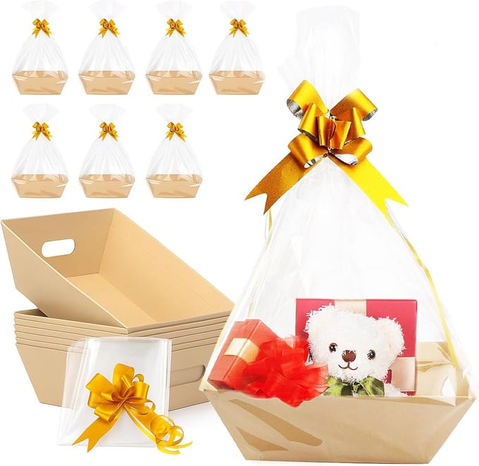 Complete Set Lege Geschenkmandjes met Cellofaan en Strikken voor Cadeaus