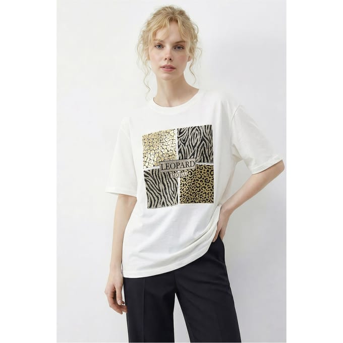 Leopardprint Sequins T-shirt met Ronde Hals
