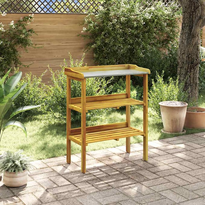 vidaXL - Oppottafel - met - 2 - schappen - massief - acaciahout - en - zink
