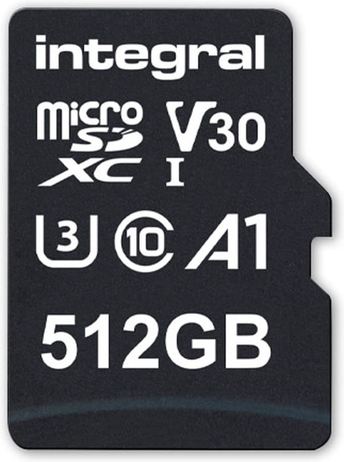 Integral High Speed microSDXC Card 512GB V30 class 10 up to 100MB/s read 45MB/s write
