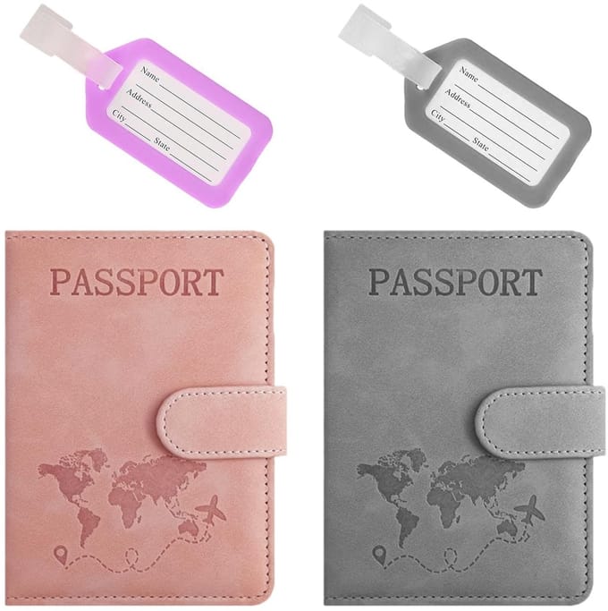 Dailygoods- Paspoorthouder Set - 2 Stuks - Document Tas - Bagagelabels - Draagbare Documenten Organizer - Roze/Grijs - Geschikt Voor Reizen - Documenthouder