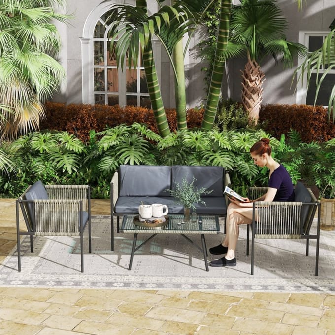MODFU - Balkonmeubelset - 4-Delig - Met Sofa, 2 Fauteuils En Tafel - Stalen Frame - Rattan - Grijs