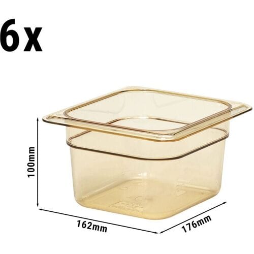 (6 stuks) CAMBRO H-PAN™ - Hittebestendige Gastronormbak 1/6 - Amber - Hoogte: 100mm