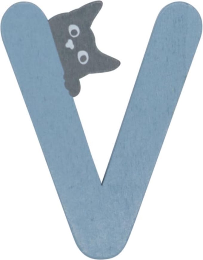 Houten Letter V Blauw met Kat | 9 cm