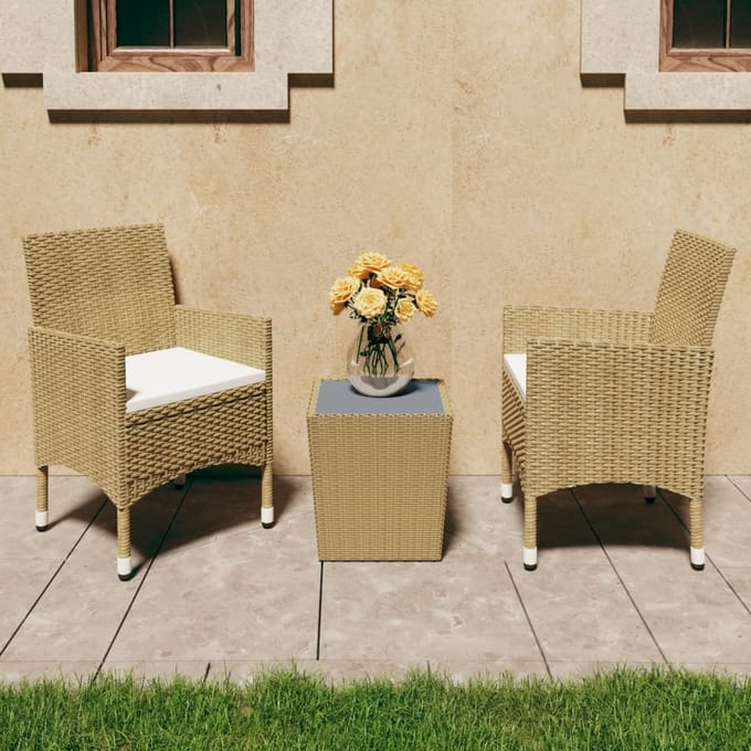 vidaXL - 3-delige - Bistroset - poly - rattan - en - gehard - glas - beige