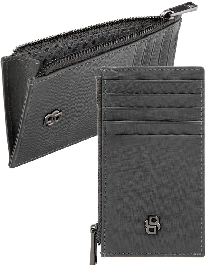 HUGO BOSS Leren kaarthouder Double B Cardholder With Zip Saffiano Grey donkergrijs