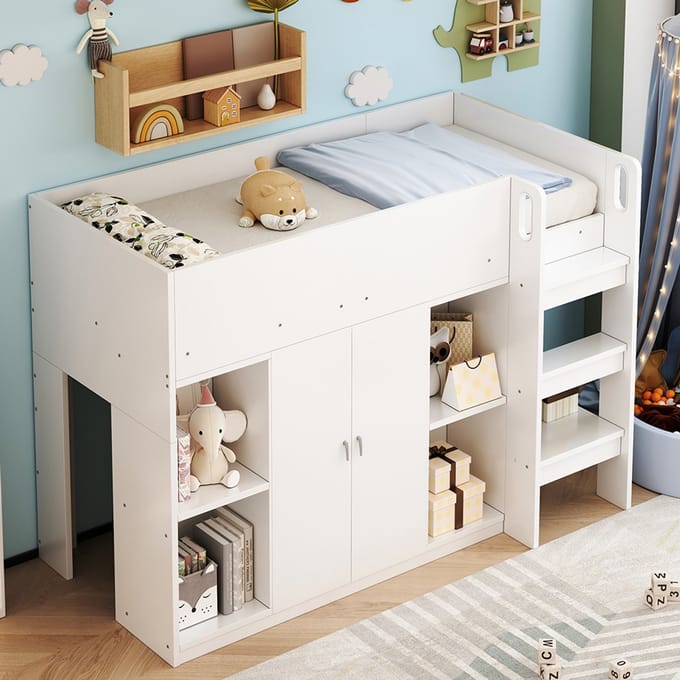 Pugsdrly Multifunctioneel hoogslaper 90*200 met opbergruimte, kast en planken – kinderbed met ladder en stabiele constructie Wit