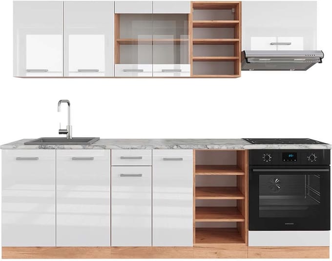 Vicco R-Line Complete keukeneenheid – 240 cm, WB Marmer Wit hoogglans/goud power eiken