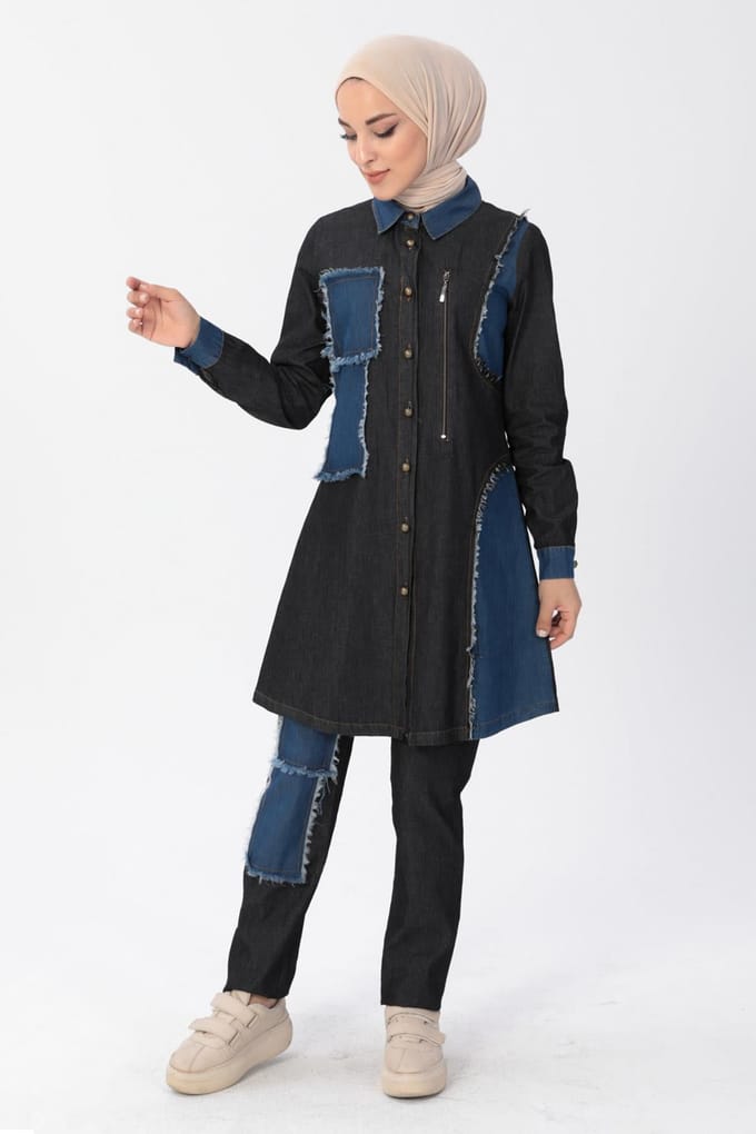 Rits Detail Hijab Denim Outfit Zwart