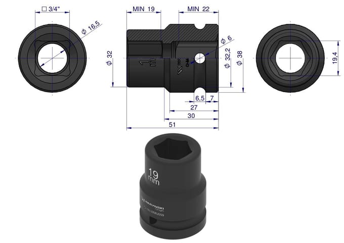 Slagmoersleutel 3/4" 19 mm CrMo DIN 3129