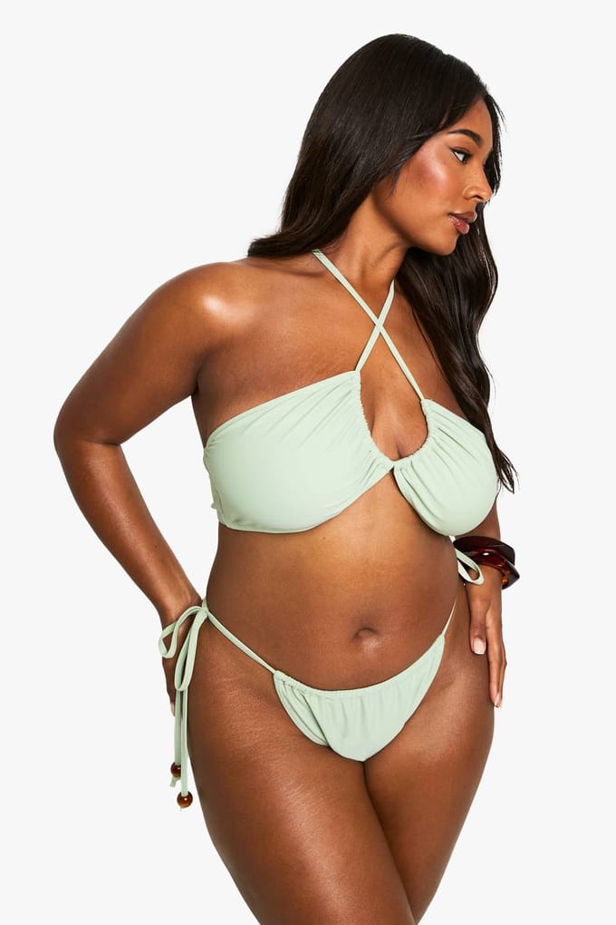 boohoo Dames Plus bikini met kralen in bandeau-stijl | Kaki | Maat: 56