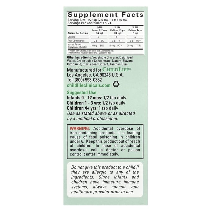 ChildLife Clinicals, Fer liquide, baies naturelles, 4 fl oz (118ml)