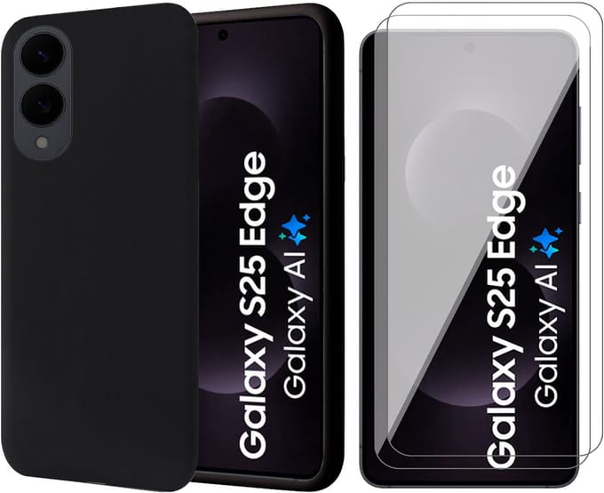 Hoesje geschikt voor Samsung Galaxy S25 Edge - 2x Screenprotector Glas - Mat Back Case Zwart