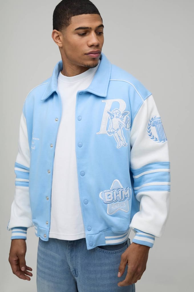 Boxy 13 Applique Jersey Varsity Bomber Jacket | Light Blue | Size XS