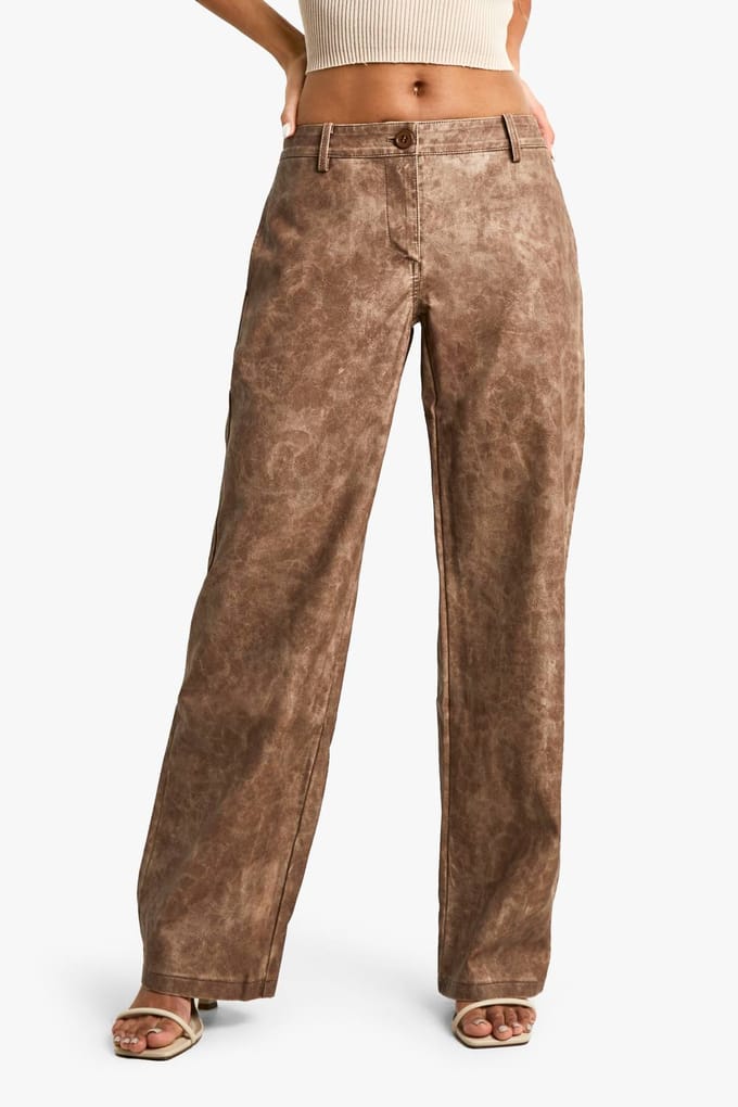 boohoo Dames Low Rise Washed PU Straight Leg Trouser | Vintage Was | Maat: 42